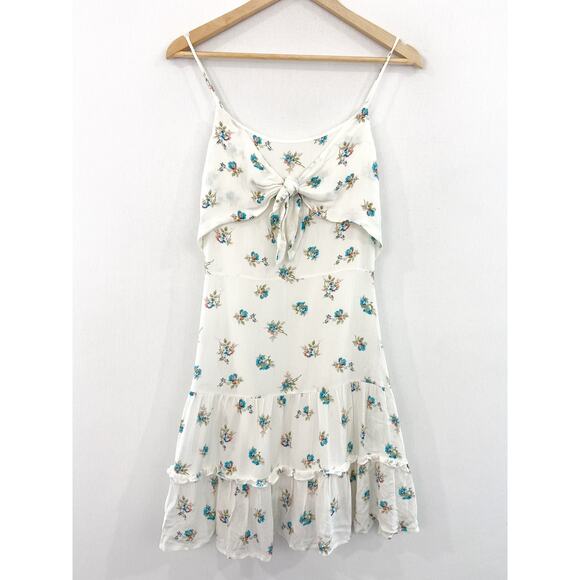 Altar'd State White Mini Floral Mini Dress size Small Ruffle Knot Front Tiered - Picture 1 of 6